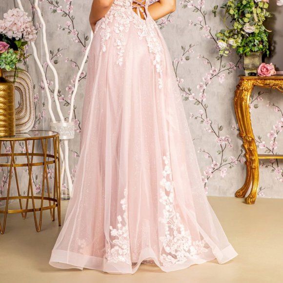 NEW FORMAL SLEEVELESS LACE UP BACK DRESS EMBROIDERED WITH FLORAL LACE GL3328 - Picture 12 of 12